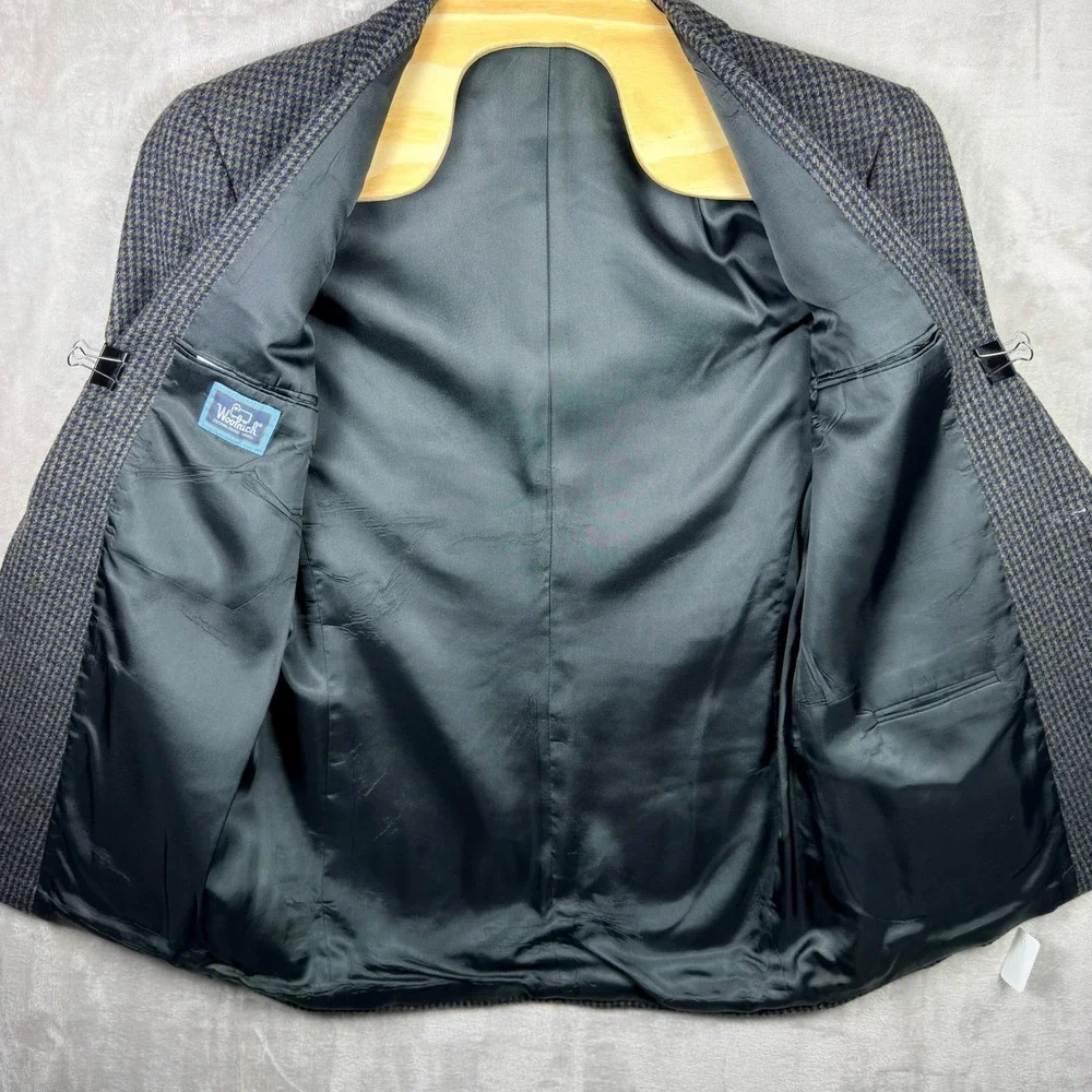 VINTAGE Woolrich Blazer Mens Medium Blue Grey‎ Houndstooth Wool Made InUSA